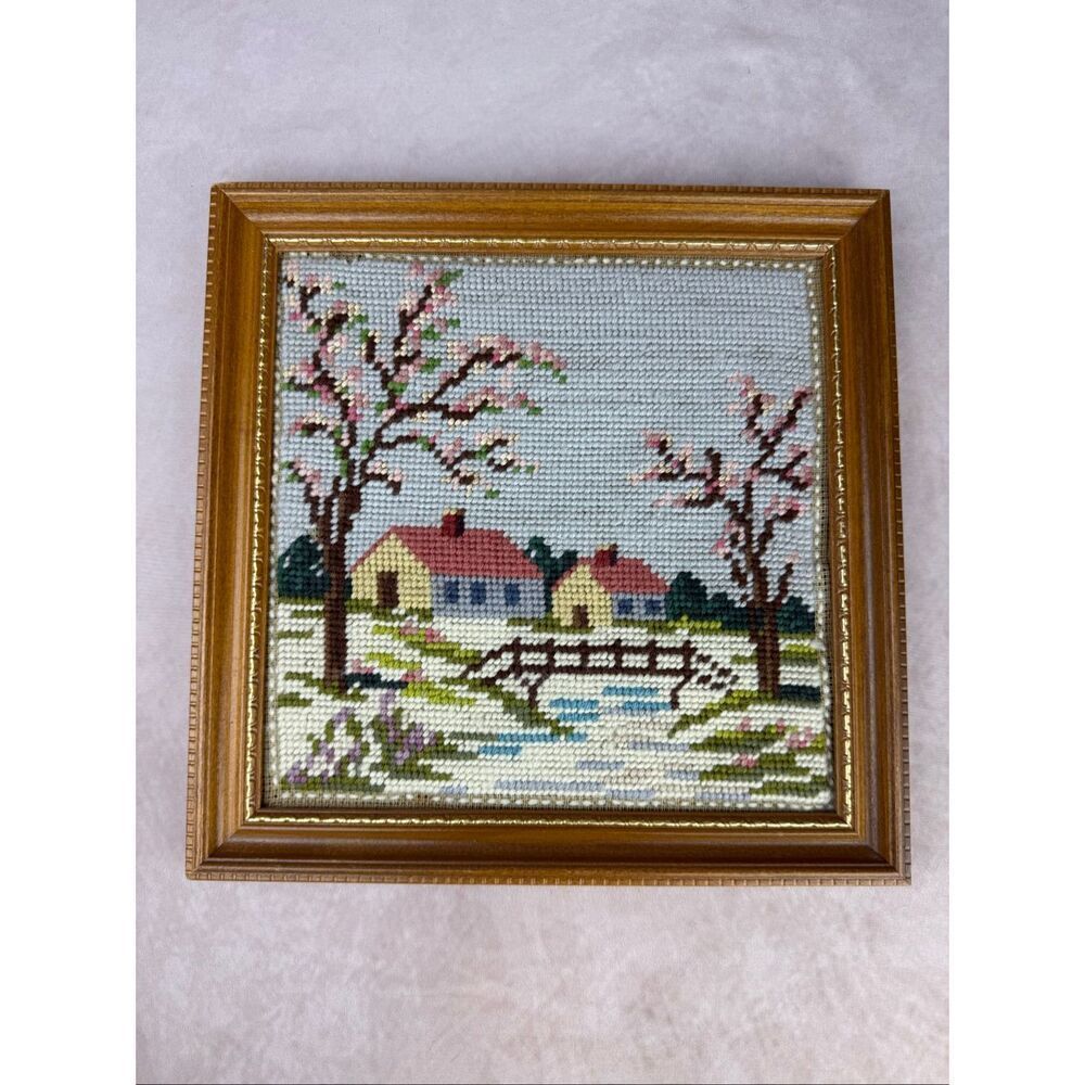 Vintage Framed Needlepoint Country House Cottagecore